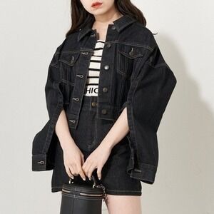 Chico Cropped Convertible Denim Cape Jacket Dark Wash Black Size F